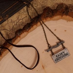 Fairy Crossing Leather & Antiqued Bronze Necklace